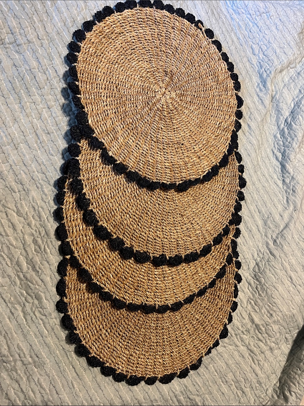 Serena & Lily Natural Seagrass Round Placemats with Navy Pom Trim (Set of 4)